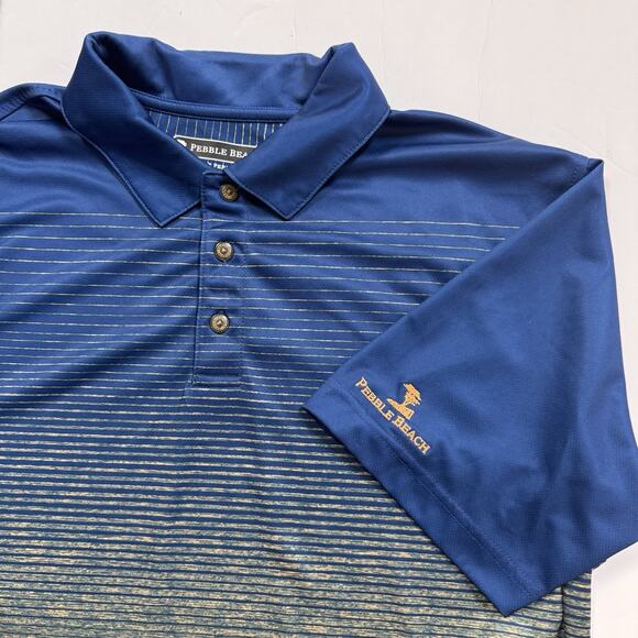 Pebble Beach Mens Large Dry-Luxe Performance Polo Shirt Blue Orange Ombre Stripe - Picture 1 of 10